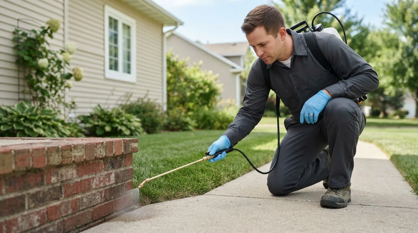 Pest control technician treating a home near Newtown, VA